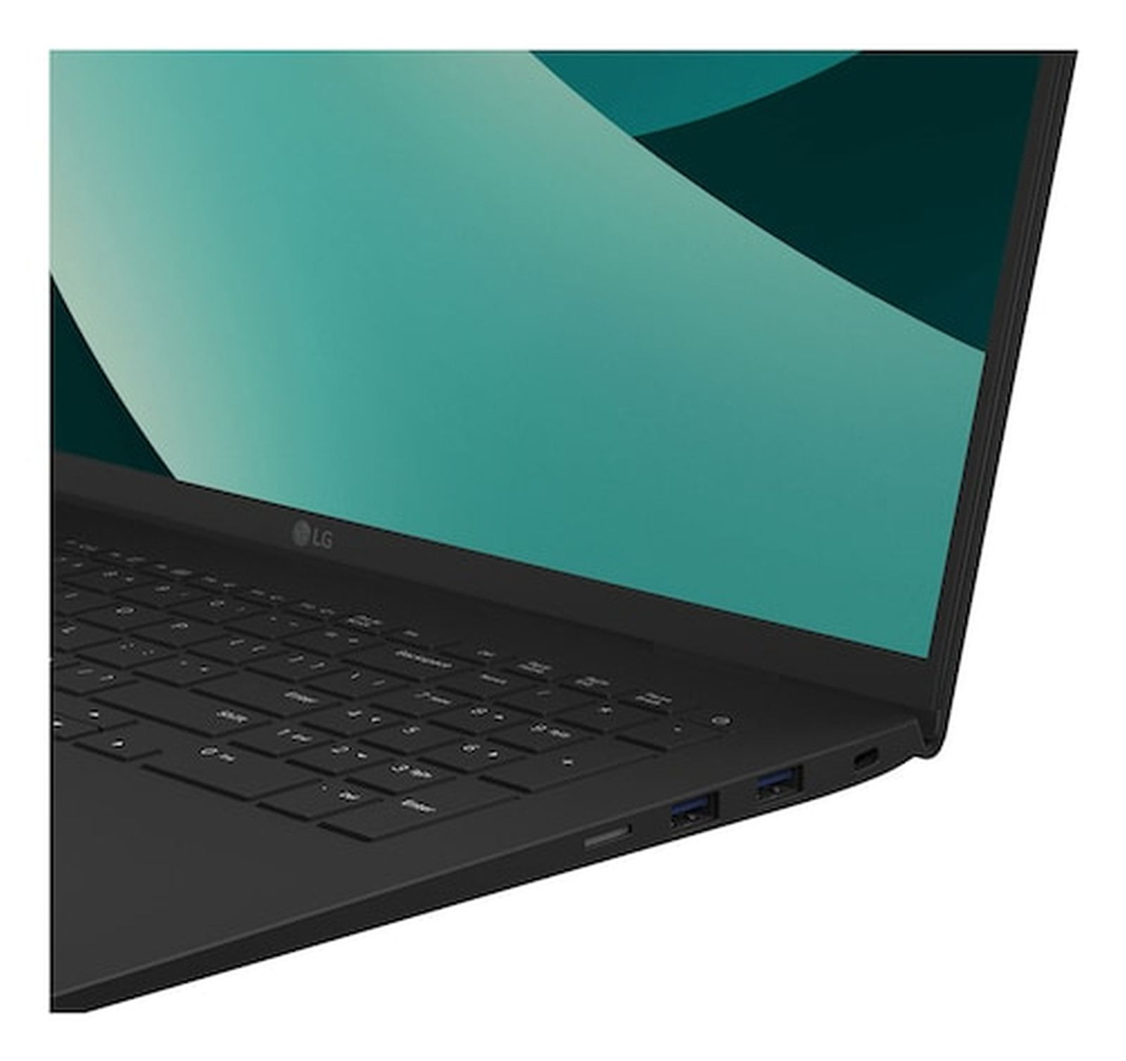 Nahaufnahme eines schwarzen LG-Laptops mit türkisfarbenem abstraktem Hintergrund.