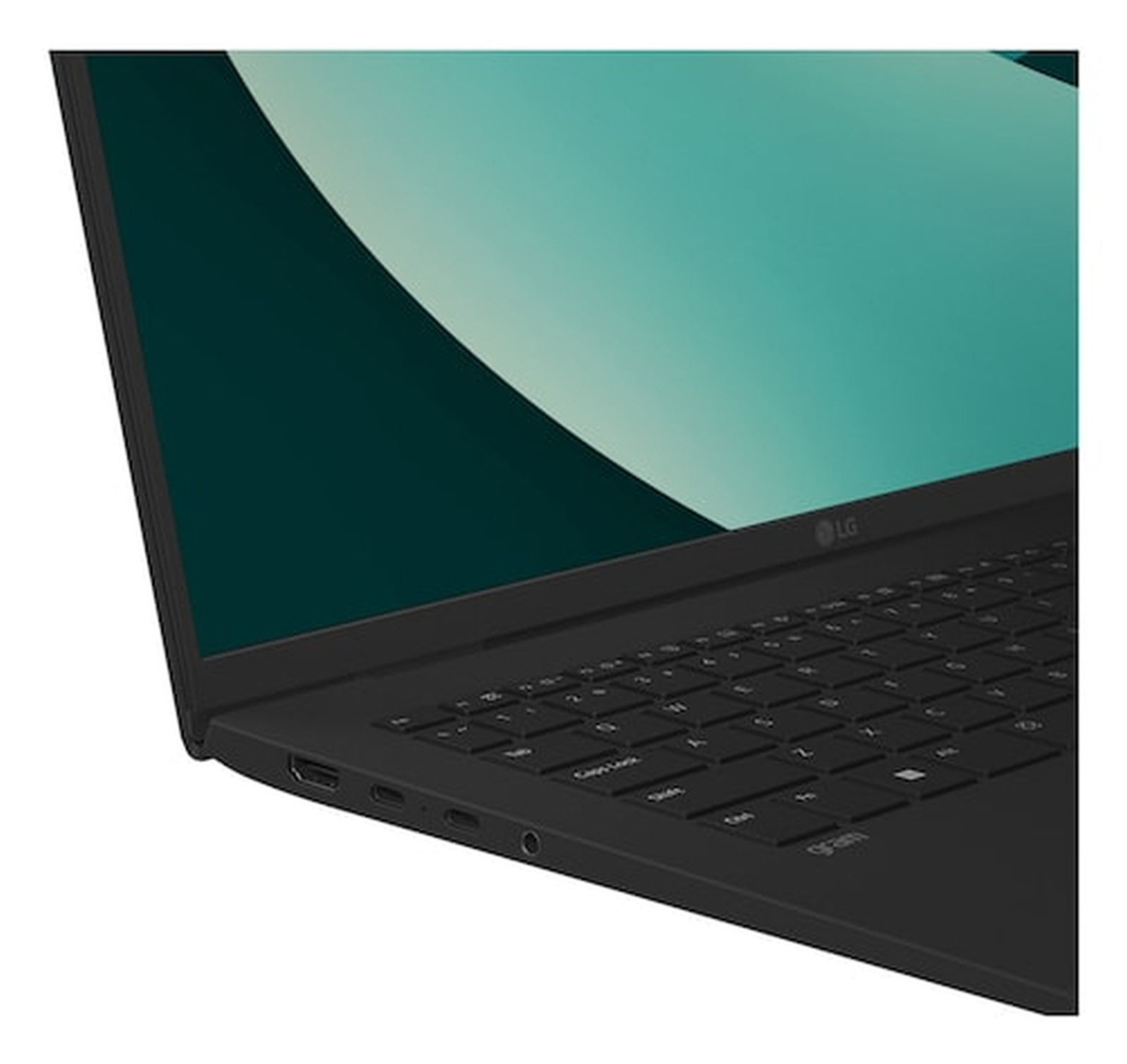 Schwarzer LG Gram Laptop mit tealfarbenem Bildschirm und Tastatur. Seitenansicht mit Anschlüssen.