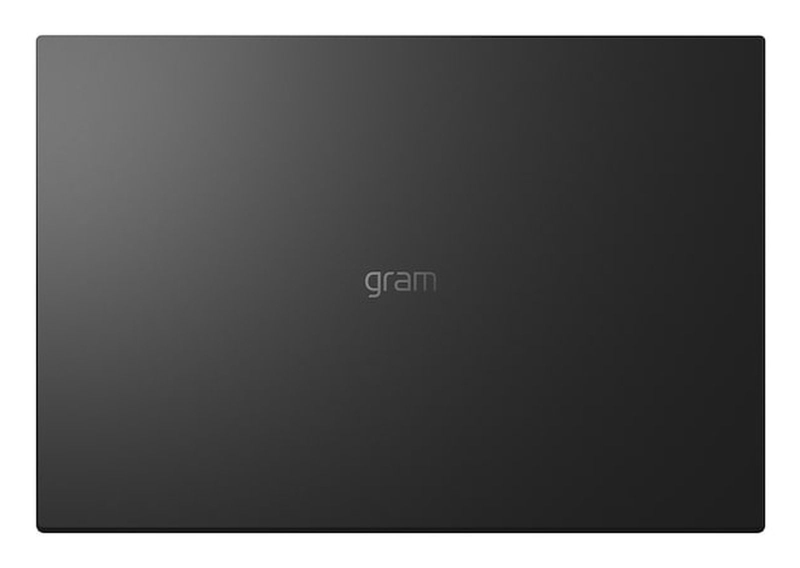 Schwarzer Laptop-Deckel mit dezentem Schriftzug "gram".