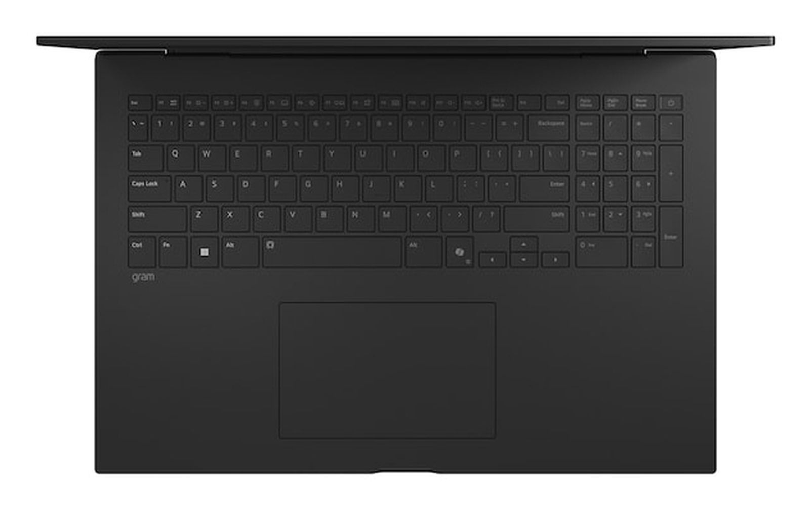 Ein schwarzer Laptop von oben, mit Tastatur und Touchpad.