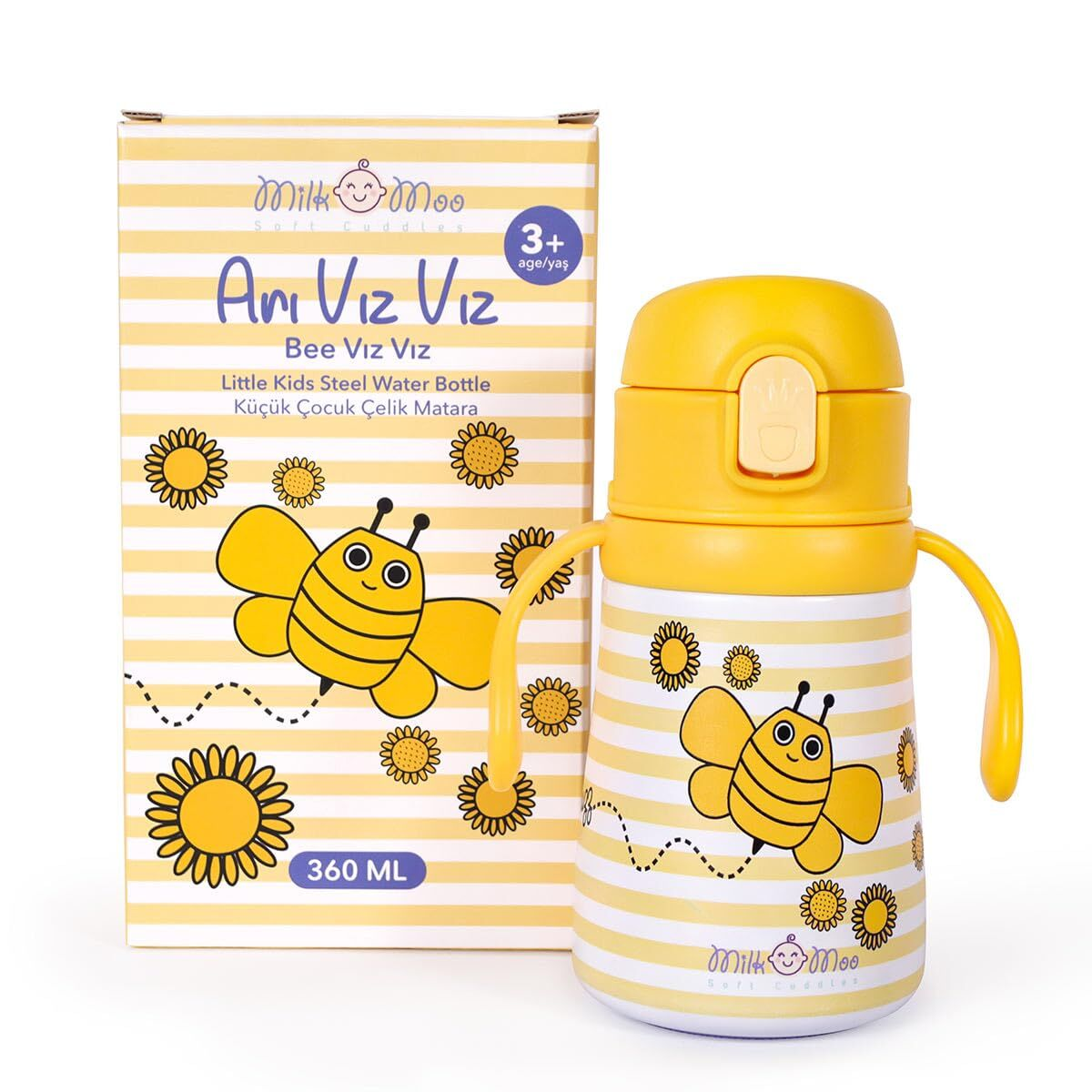 Botella de agua amarilla con diseño de abeja y caja a juego.