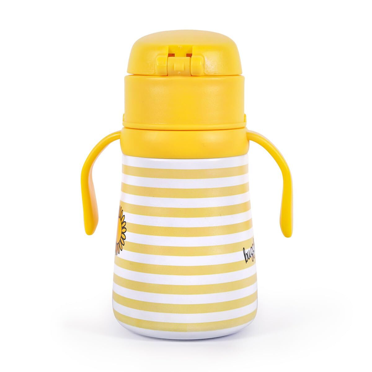 Un vaso entrenador amarillo con rayas blancas y diseño de sol. Tiene dos asas.