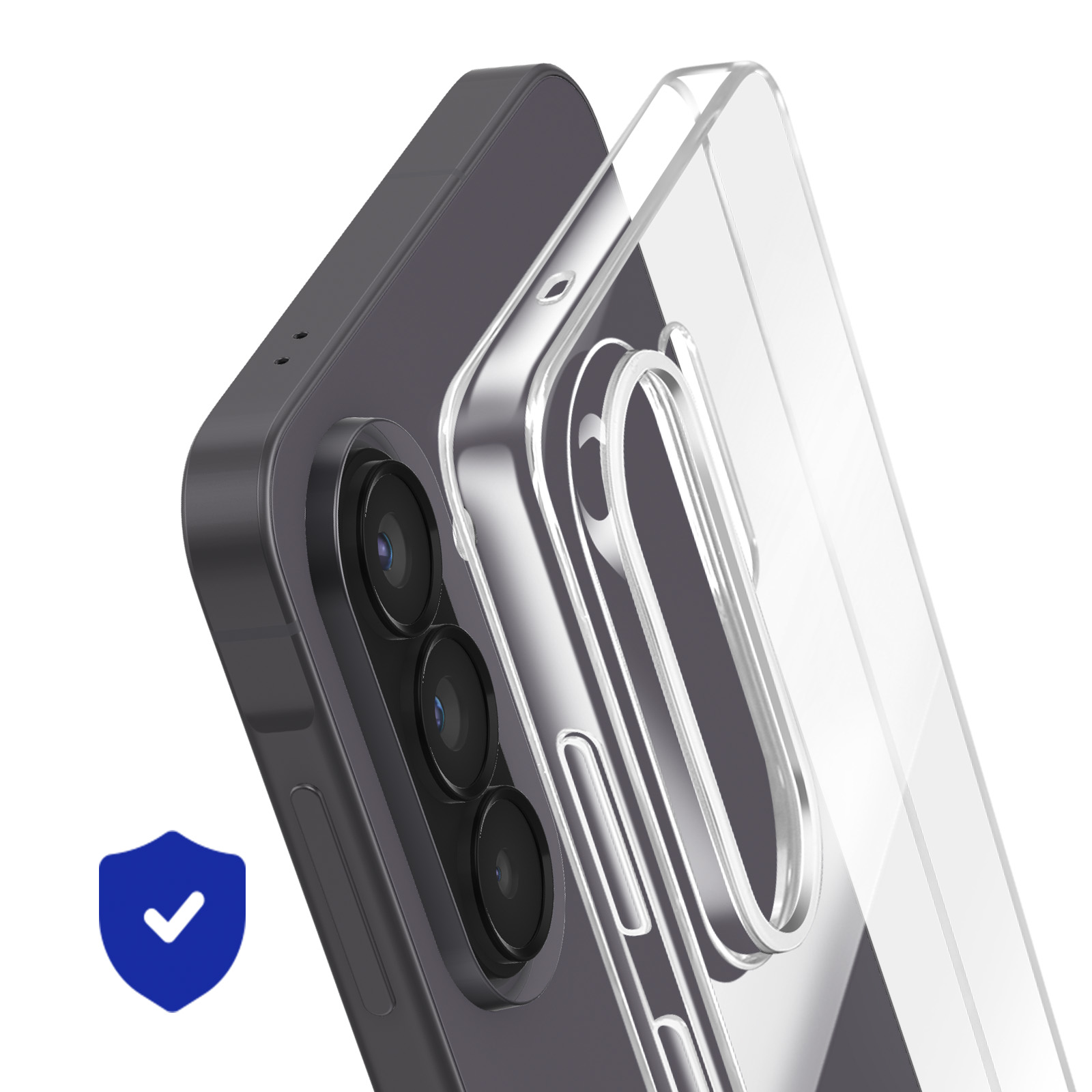 Átlátszó telefontok takar egy szürke okostelefon hátulját három kamerával.