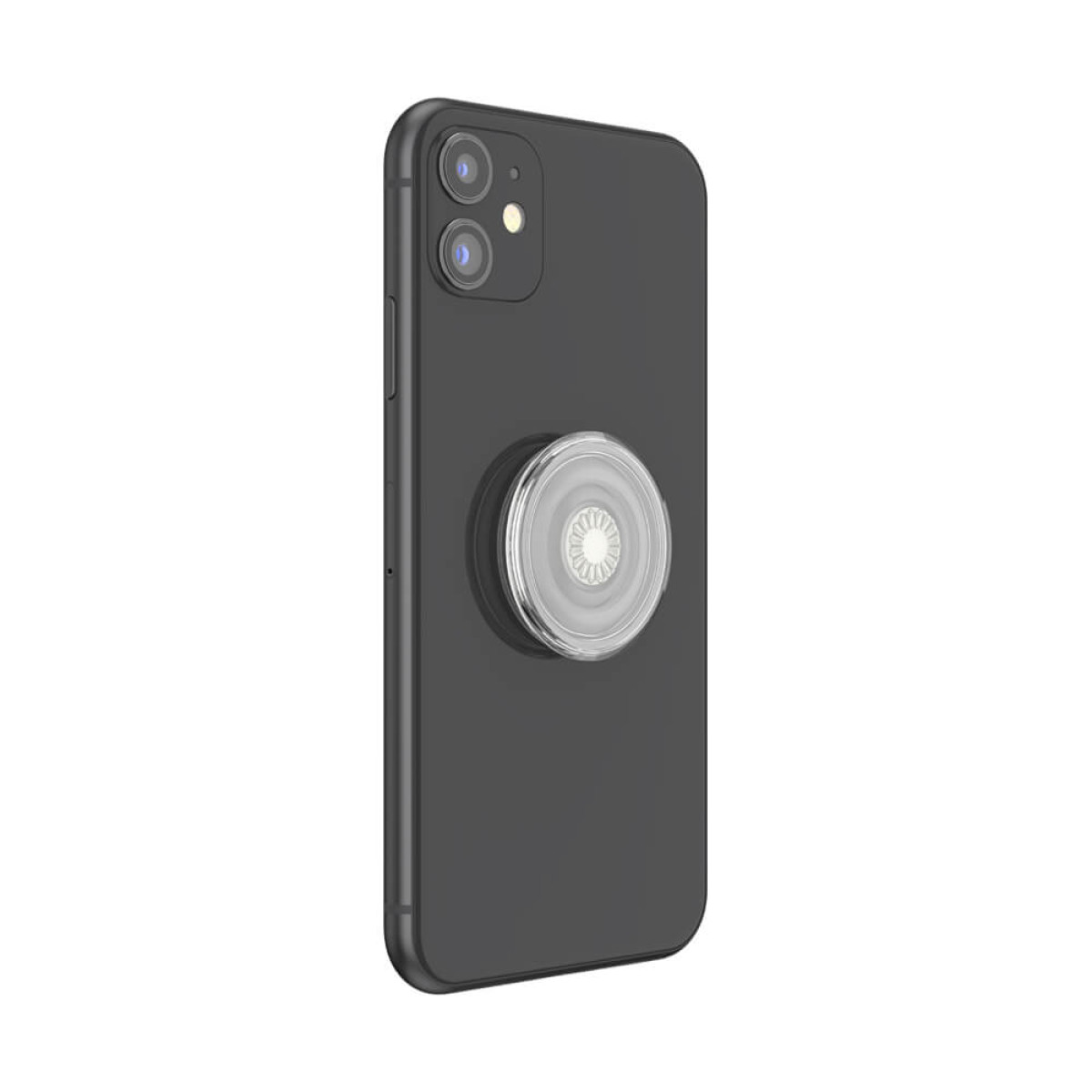Schwarzes Smartphone mit einem runden, transparenten Griff auf der Rückseite.