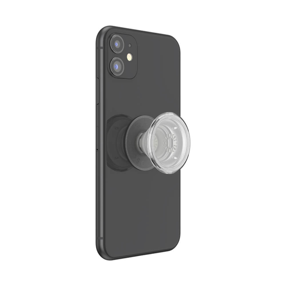Schwarzes Smartphone mit transparentem PopSocket auf der Rückseite.