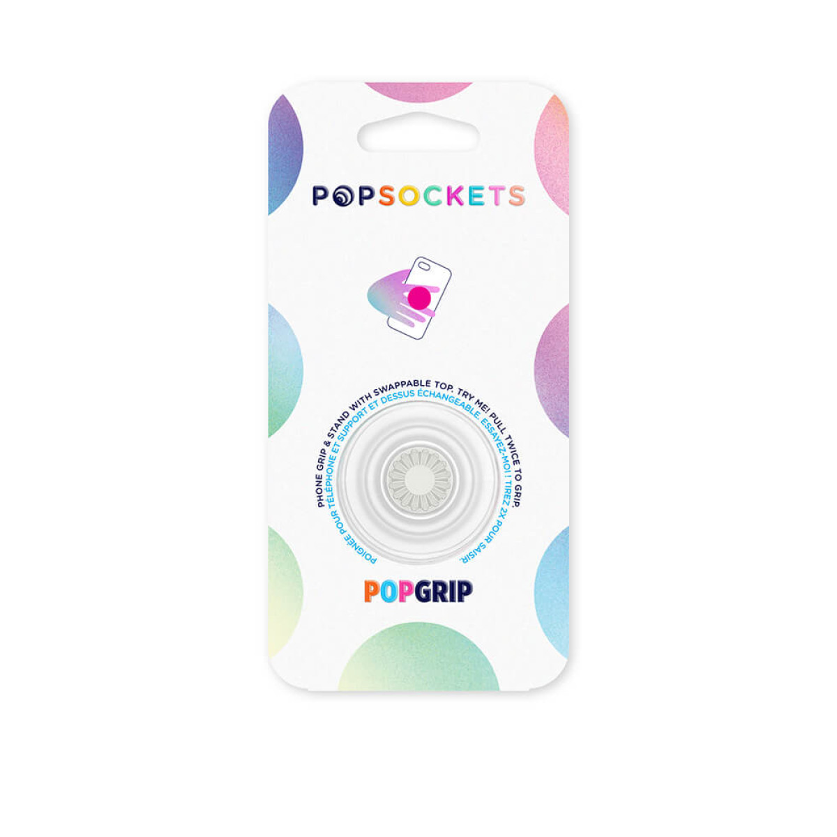Popsockets Hülle mit weißem Popgrip-Zubehör und Regenbogen-Farbverlauf.