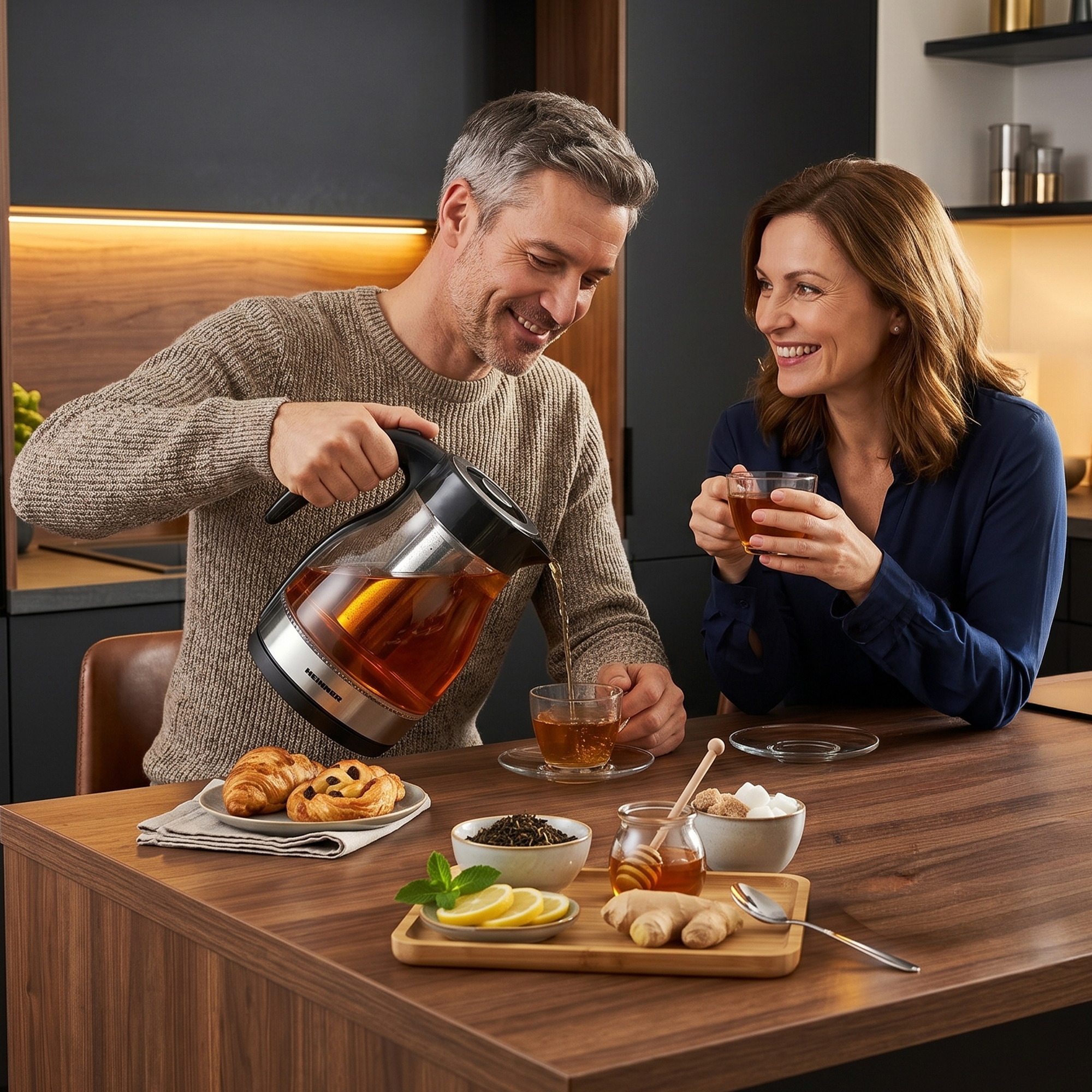 Man schenkt thee uit een glazen waterkoker in een kop, vrouw houdt een kop vast. Thee, honing, gember, citroen op tafel.