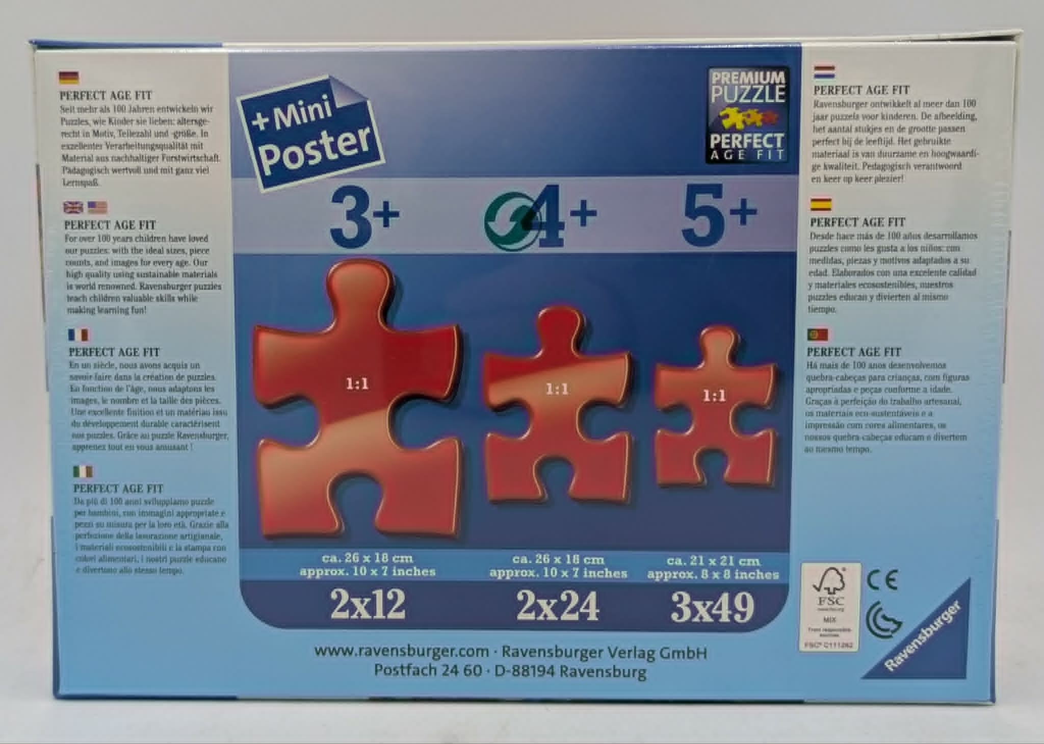 Confezione di un puzzle Ravensburger con tre pezzi rossi e indicazioni d'età.