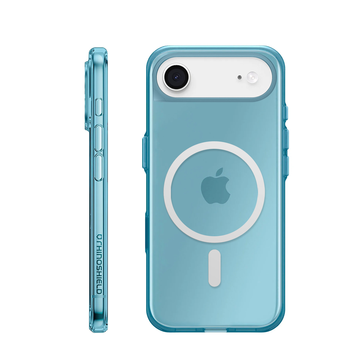 Blaue iPhone-Hülle mit MagSafe-Ring und Apple-Logo. Seitenansicht zeigt Tasten.