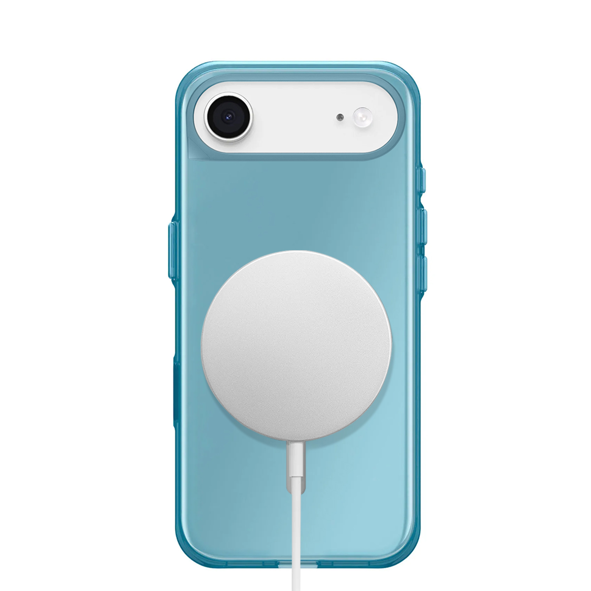 Ein blaues iPhone in einer transparenten Hülle mit einem weißen Magnetladegerät.