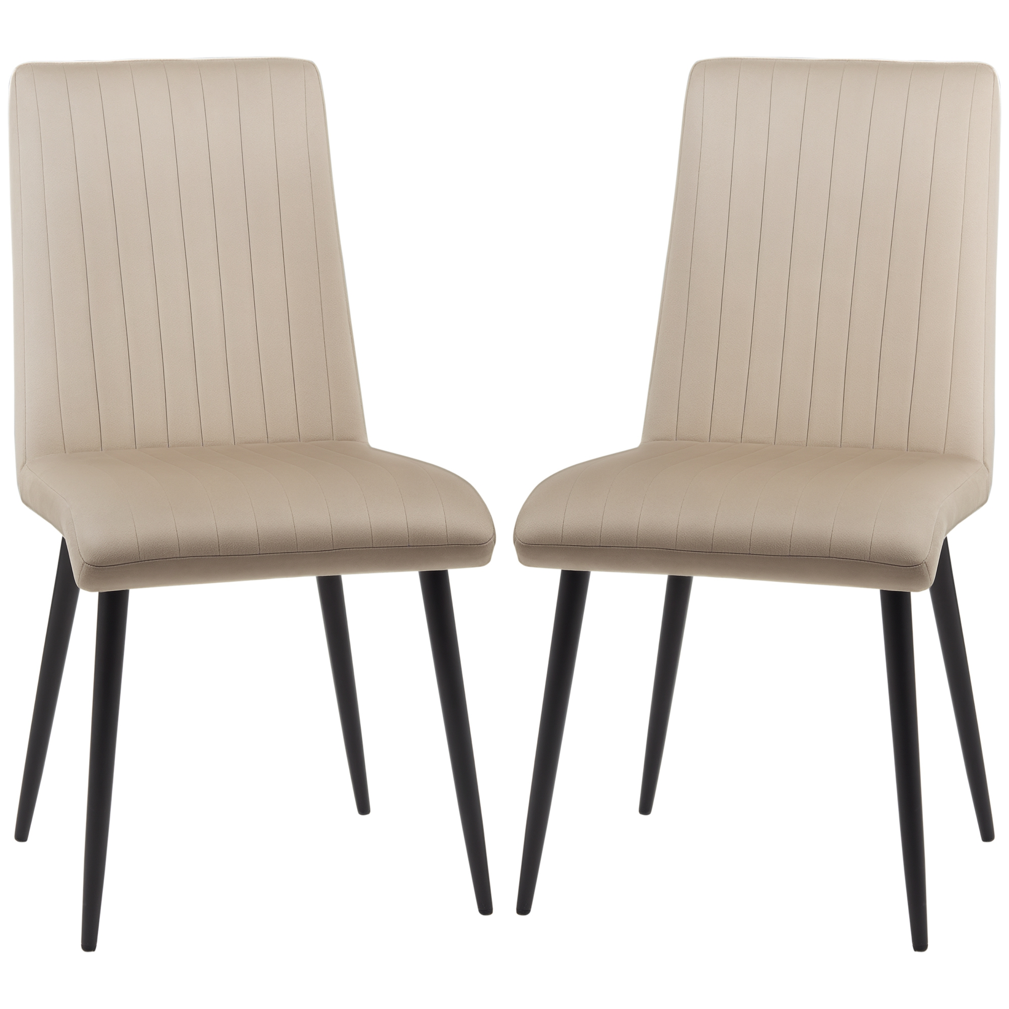 Due sedie beige con cuciture verticali e gambe nere.