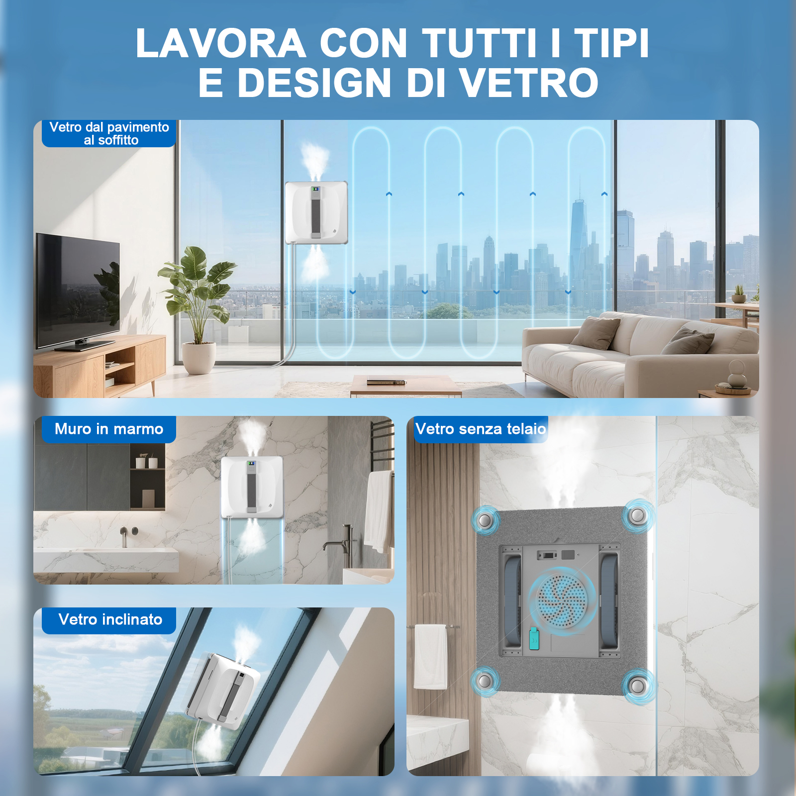 Un robot lavavetri pulisce una grande finestra con vista sulla città.