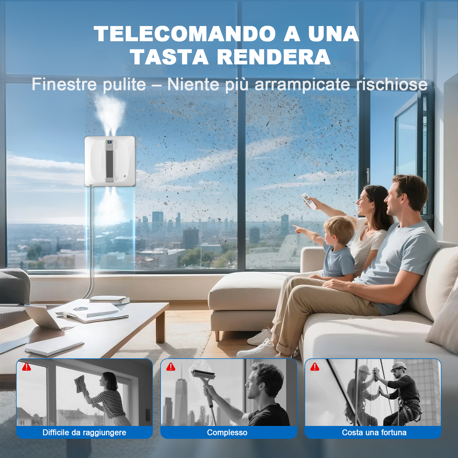 Robot lavavetri pulisce finestra sporca, famiglia osserva.