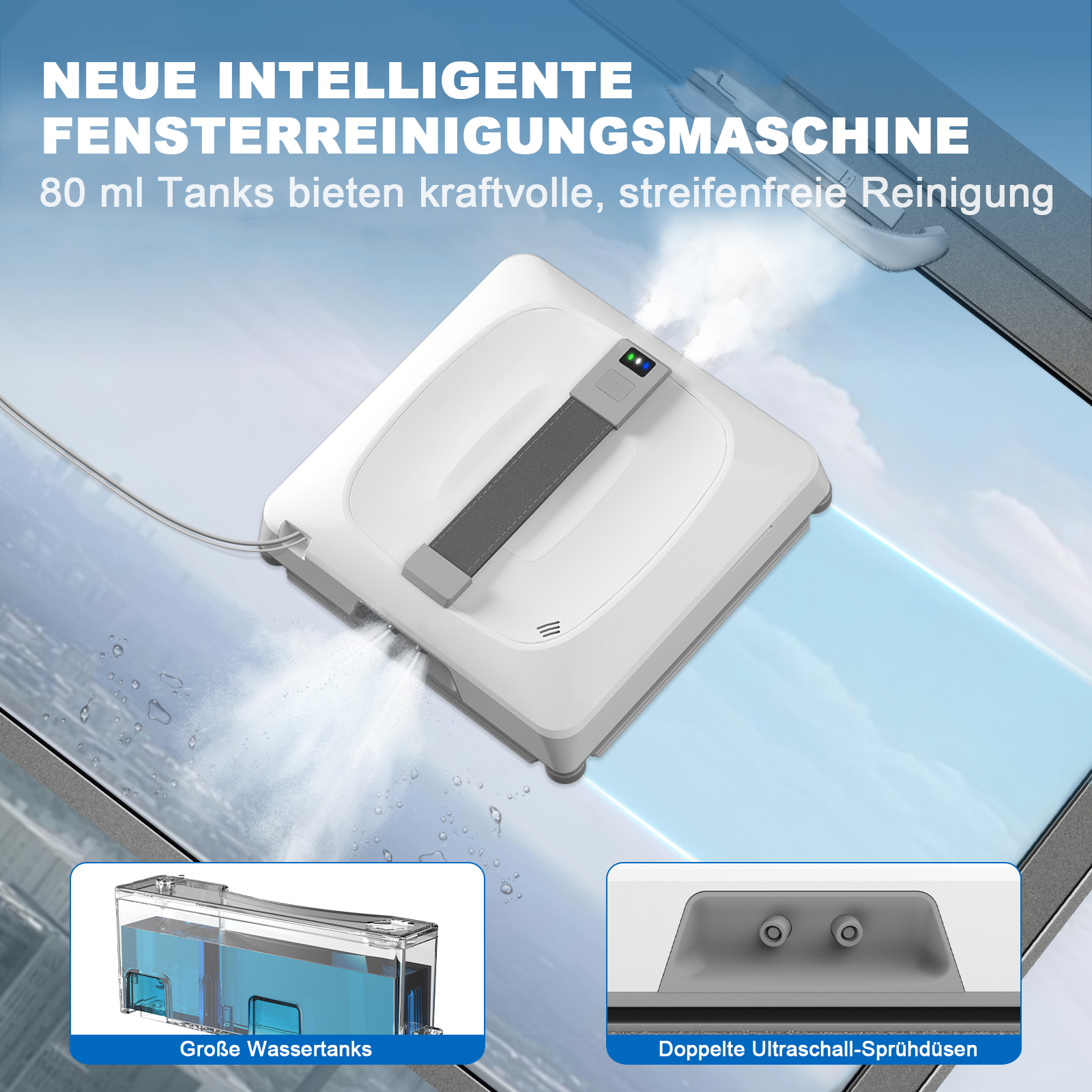 Un robot bianco pulisce una finestra, spruzzando acqua.