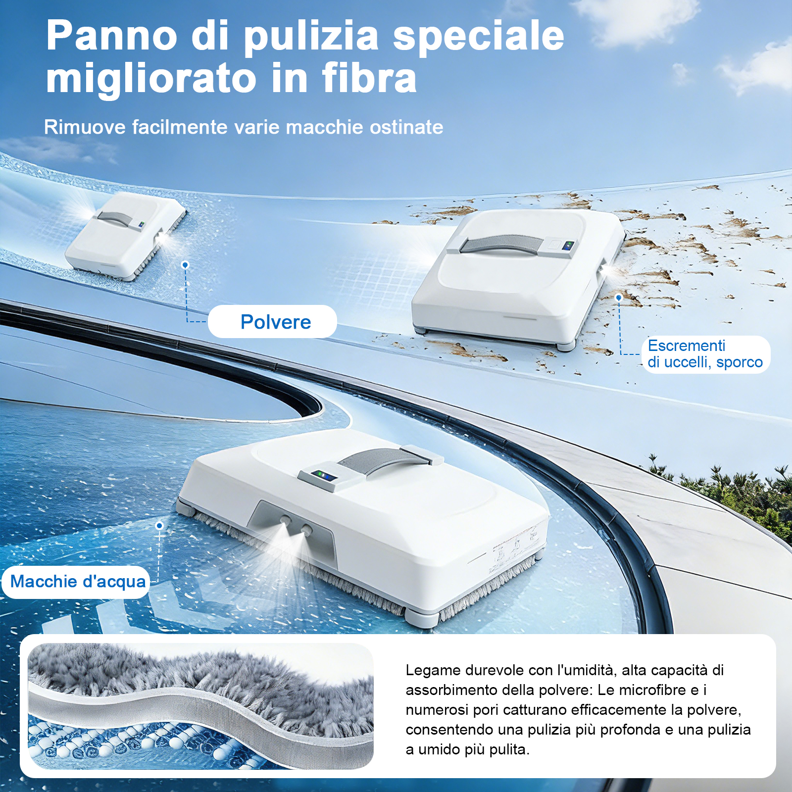 Un robot bianco pulitore di finestre pulisce una superficie, il testo è in italiano.
