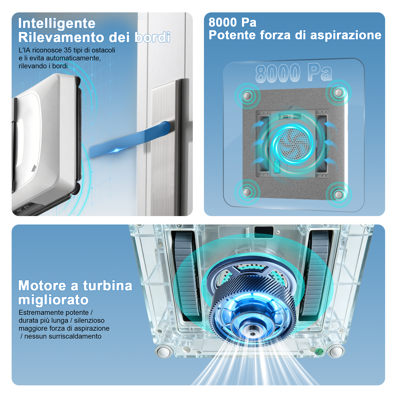 Rilevamento intelligente bordi, 8000 Pa aspirazione, motore turbina migliorato.