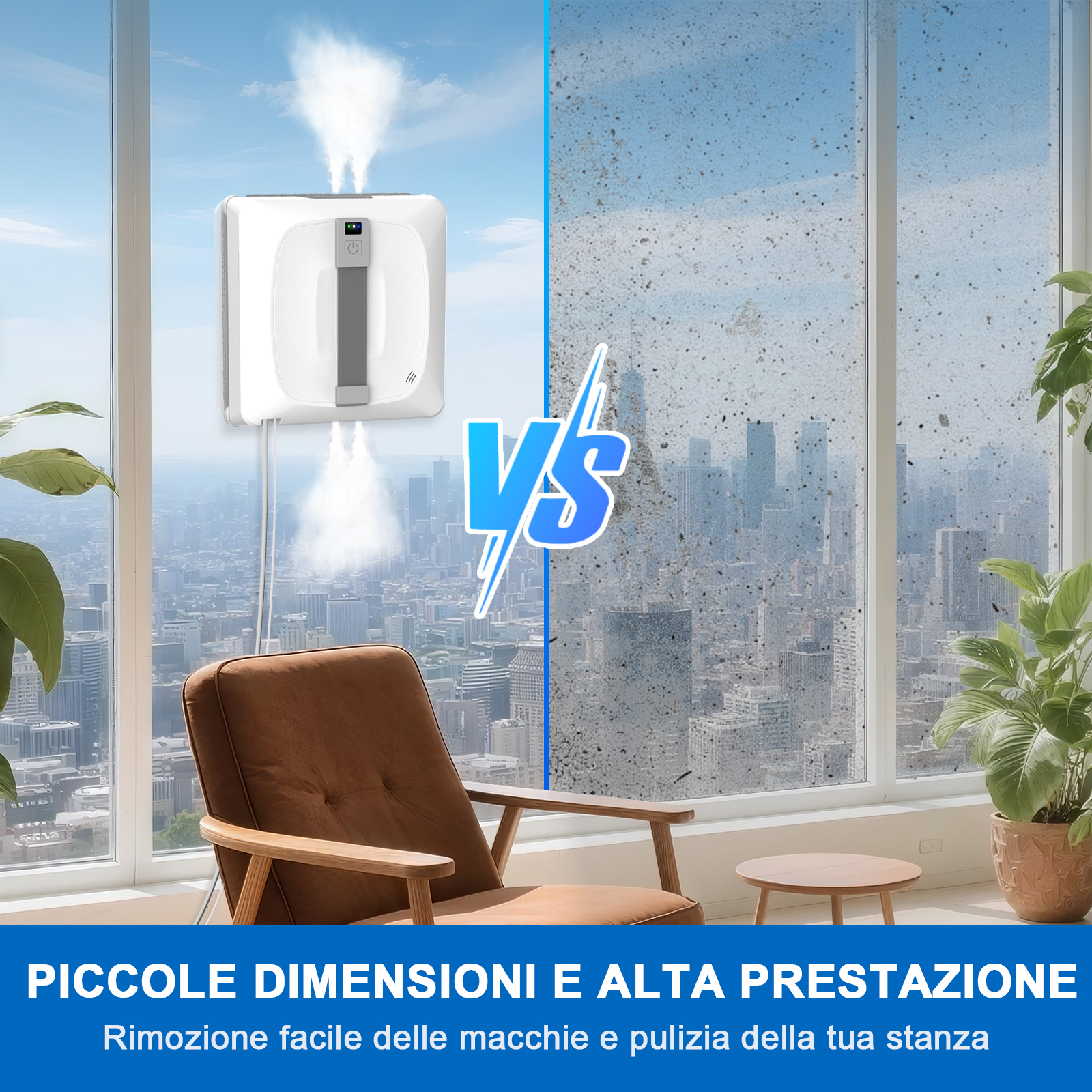 Un robot lavavetri spruzza acqua su un vetro pulito, accanto a un vetro sporco.