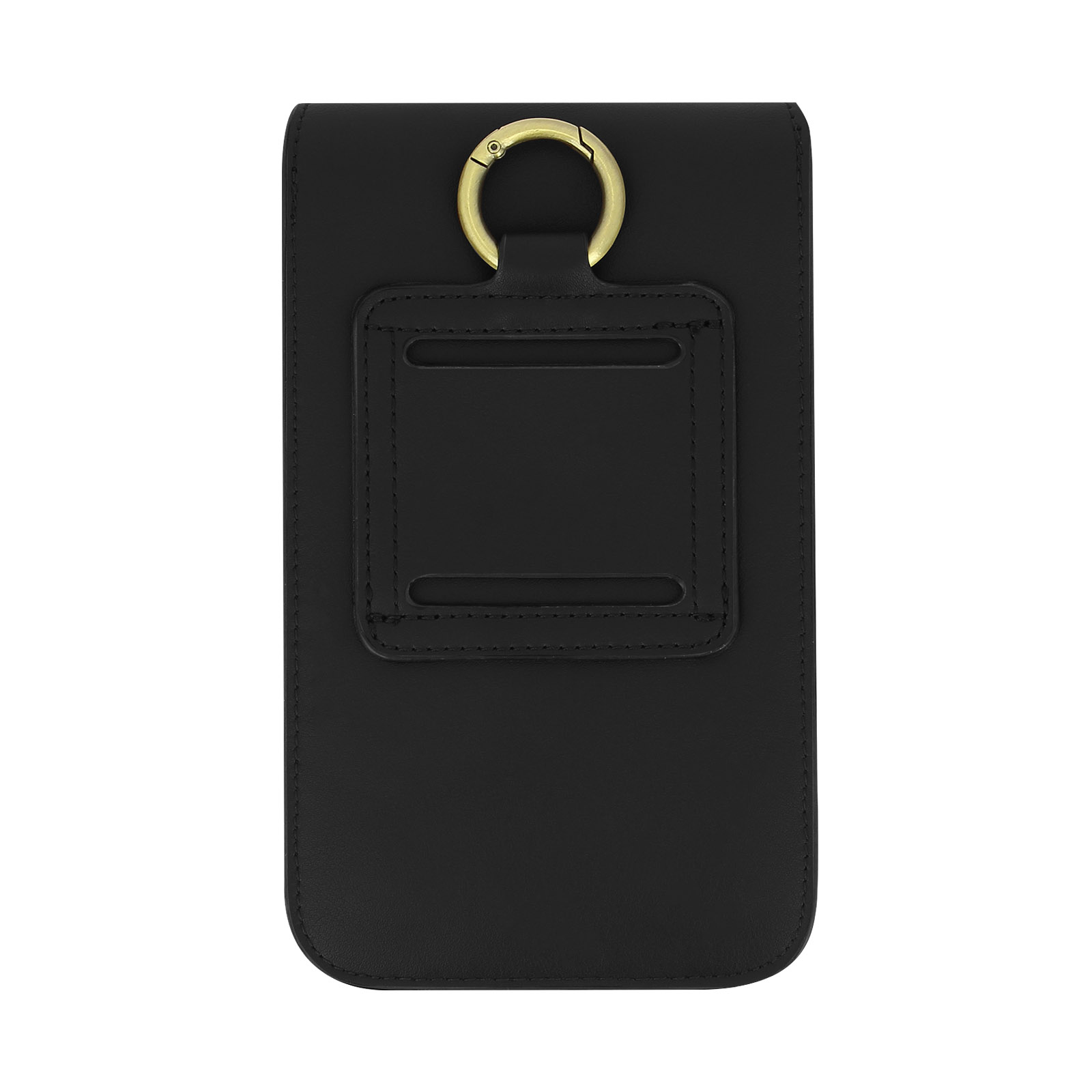 Custodia nera in pelle per telefono con anello dorato e passante per cintura.