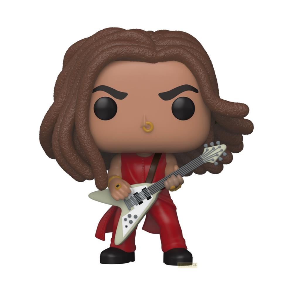 Pop-Figur eines Mannes mit Dreadlocks, der eine rote Weste und Hose trägt und eine Gitarre hält.