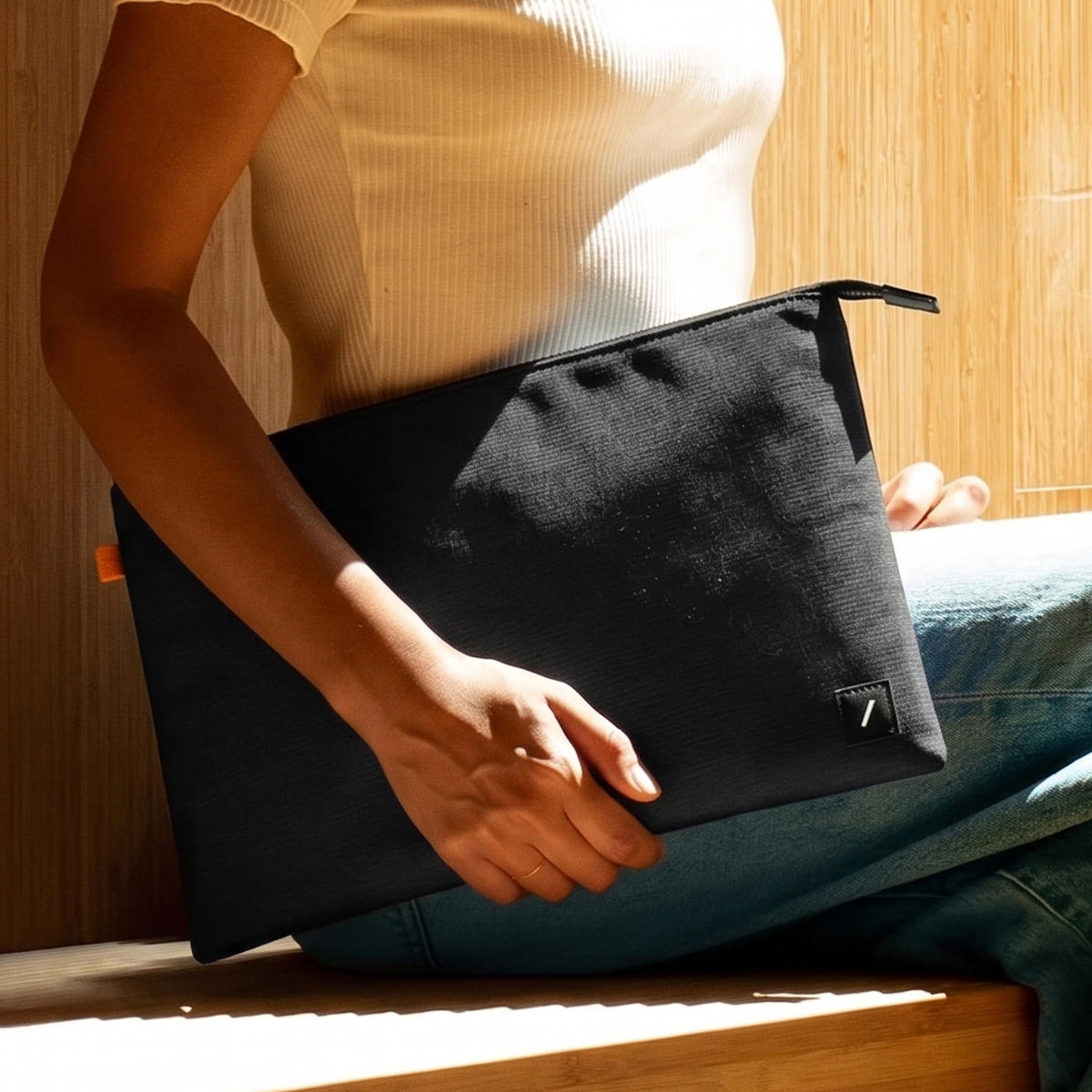 Una persona tiene una custodia nera per laptop con etichetta arancione. Indossa una maglietta bianca e jeans.