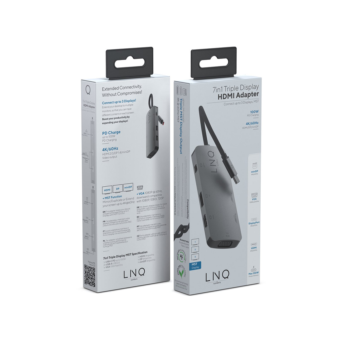 Due scatole grigie per un adattatore HDMI triplo 7 in 1 che supporta fino a 3 display.