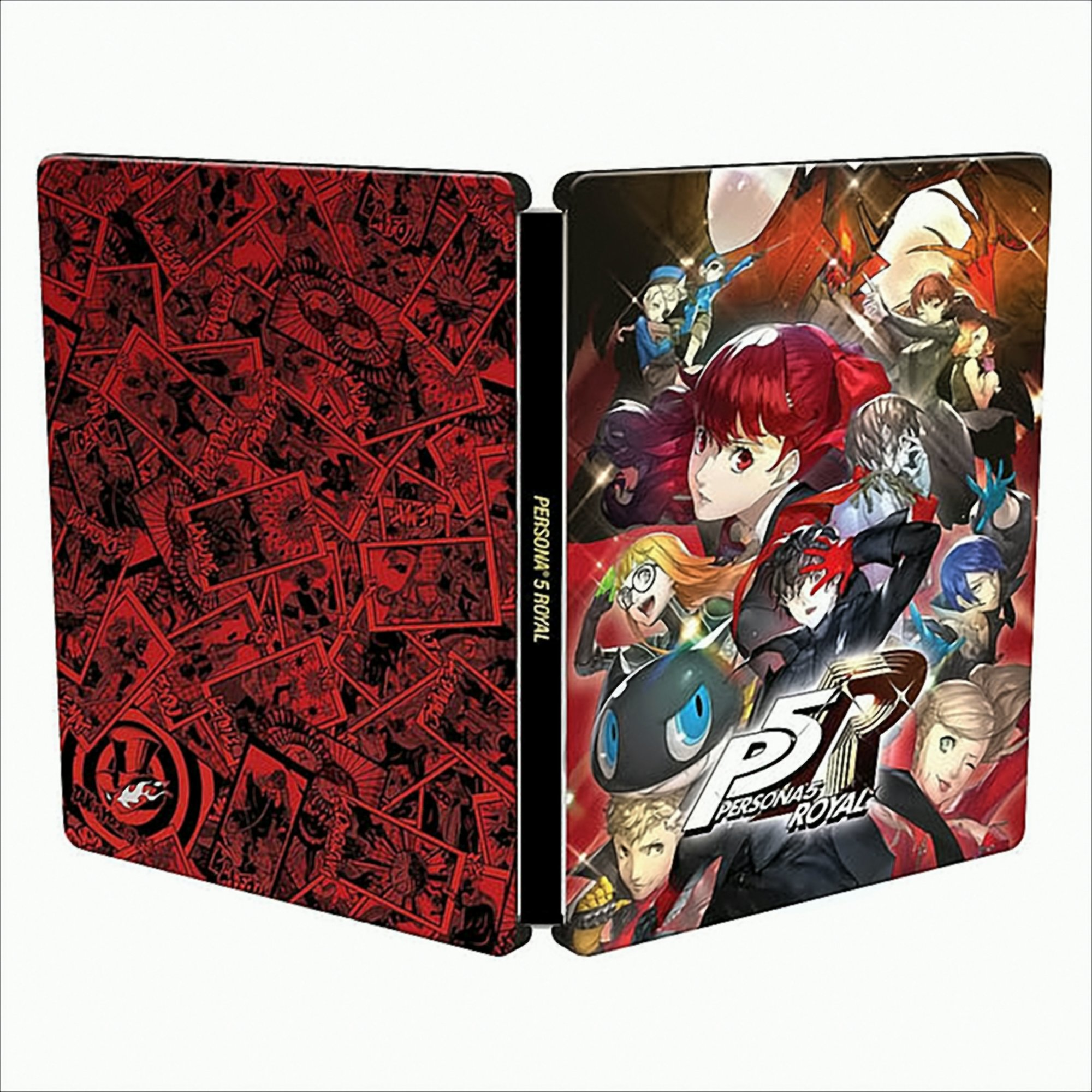 Persona 5 Royal Steelbook. Rotes kartenartiges Muster links, Charaktere rechts.