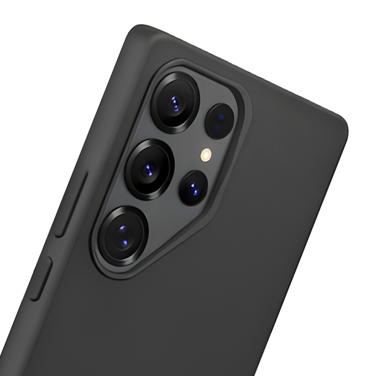 Arrière d'un smartphone noir avec quatre objectifs de caméra et un flash.