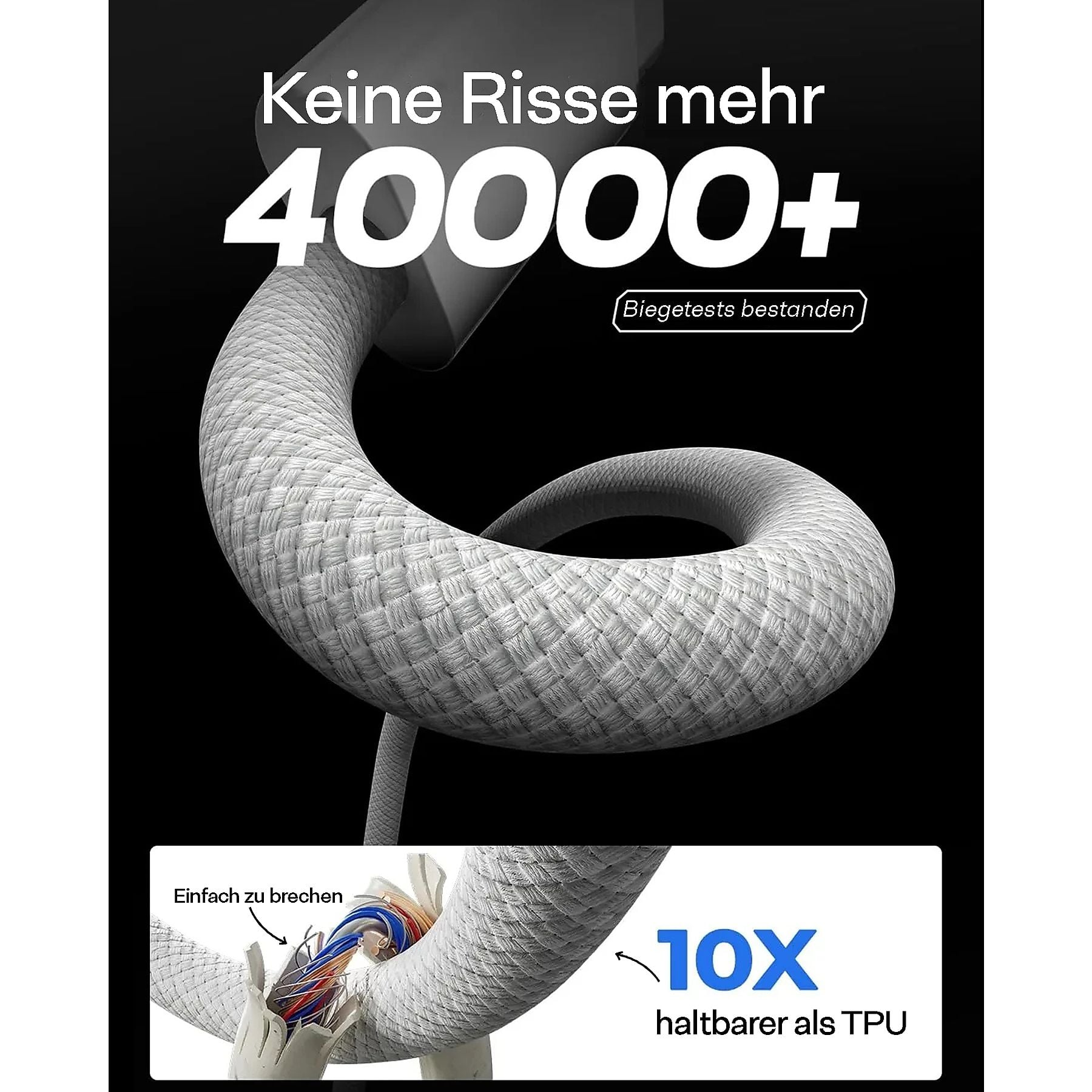 Ein weißes Kabel biegt sich; Text zeigt 40000+ Biegungen, 10x haltbarer.