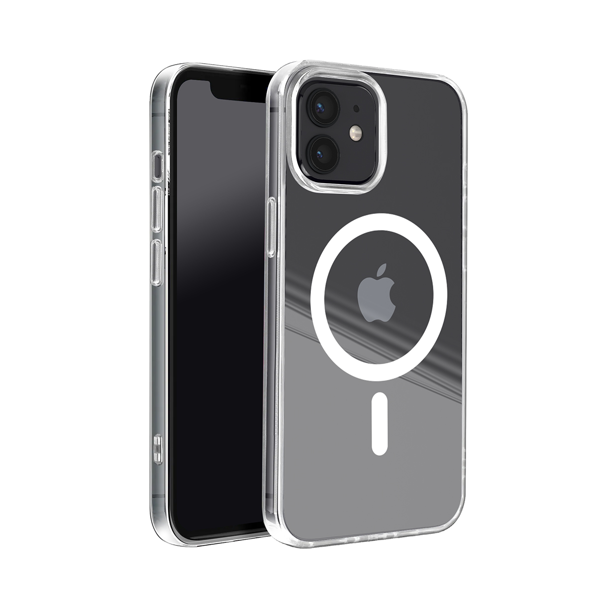 Viene mostrata una custodia trasparente per iPhone con anello MagSafe e logo Apple.