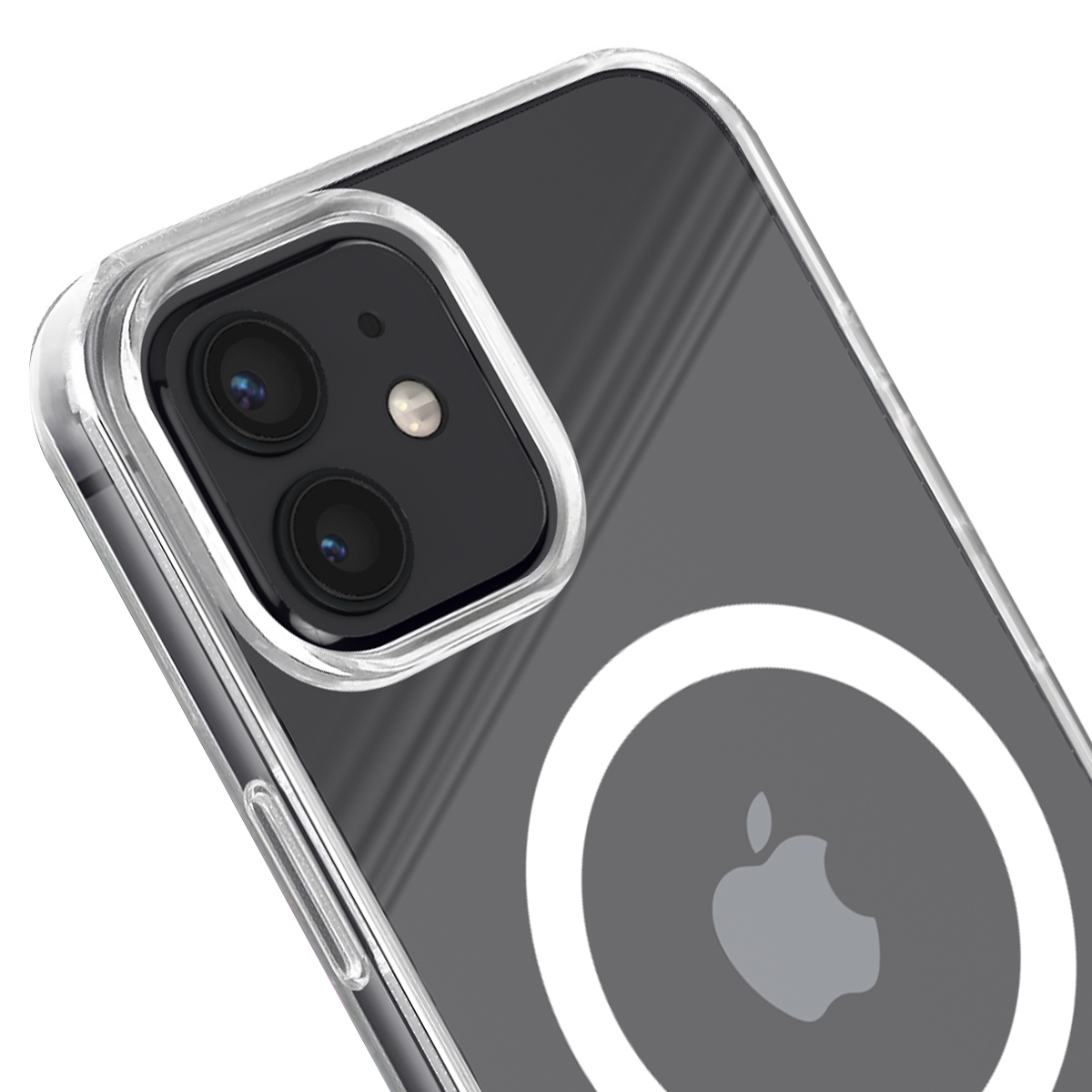 Custodia trasparente per telefono con doppia lente e logo Apple su sfondo bianco.