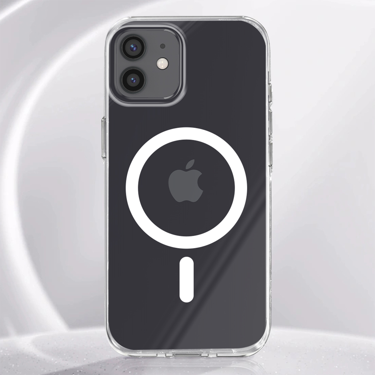 Custodia trasparente con logo Apple e anello magnetico su iPhone scuro.