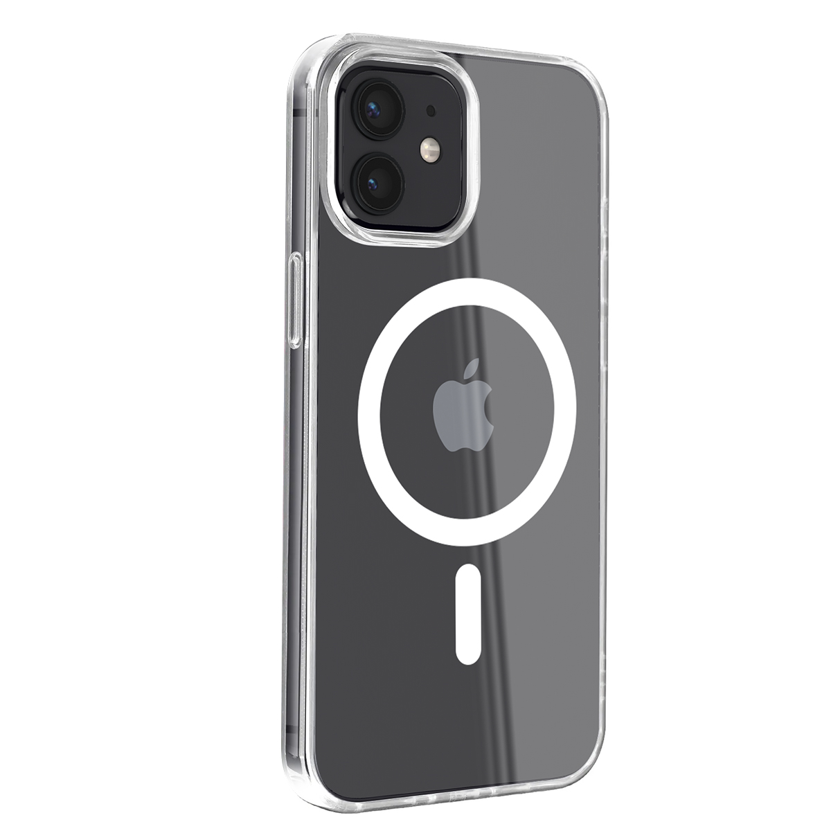 Custodia trasparente per telefono con logo Apple bianco e anello magnetico.