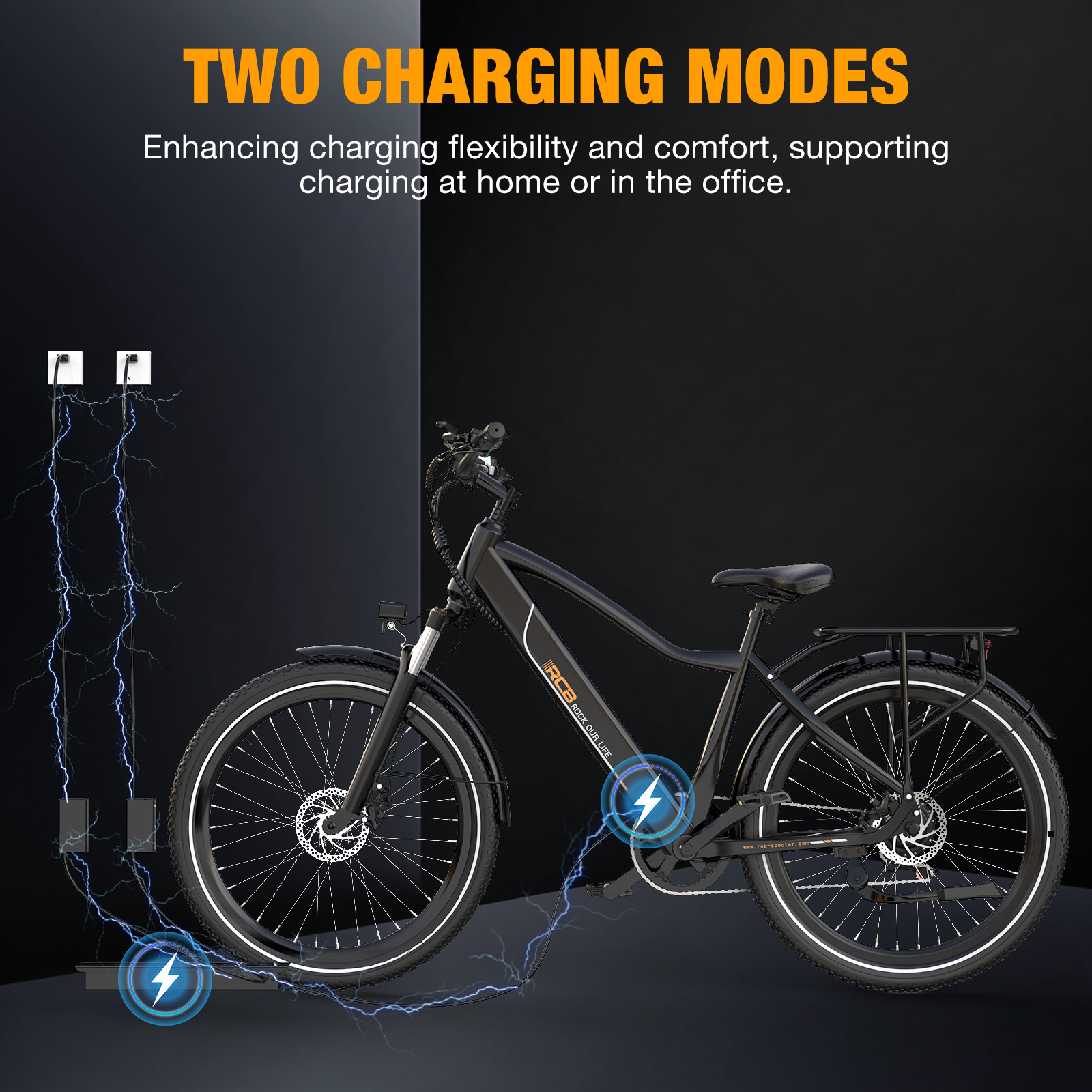 Se muestra una bicicleta eléctrica negra cargando. Dos cargadores están montados en la pared.