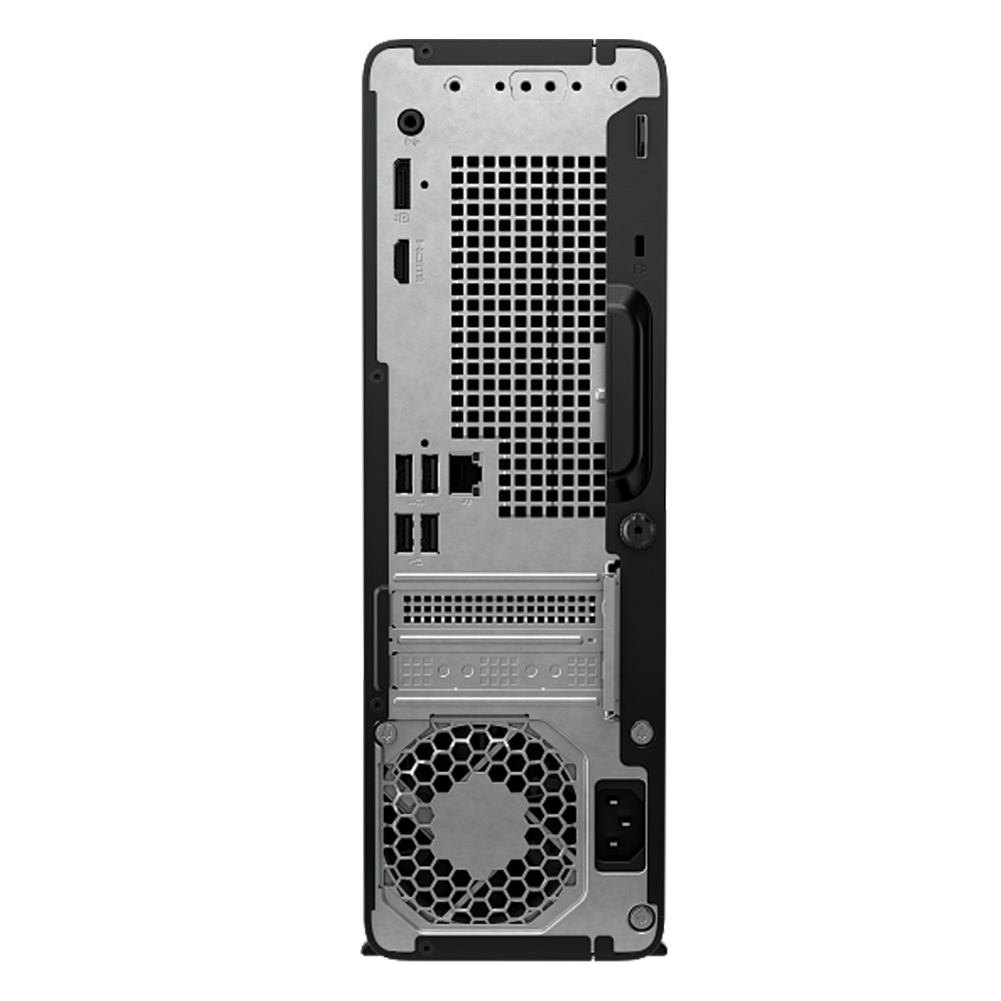 Fan, güç konektörü ve çeşitli bağlantı noktalarına sahip PC'nin arkası.