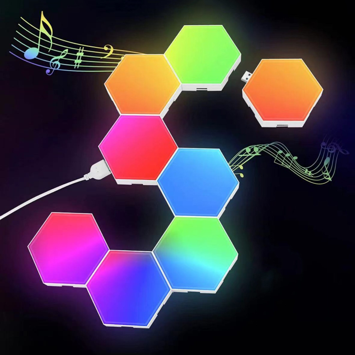 Hexagonale Lichter in verschiedenen Farben leuchten auf einem dunklen Hintergrund.