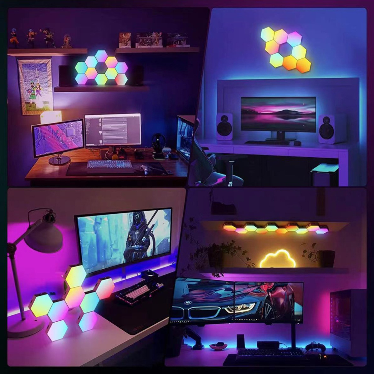 Vier Gaming-Setups mit bunten Hexagon-Lichtern, Computern und Monitoren.