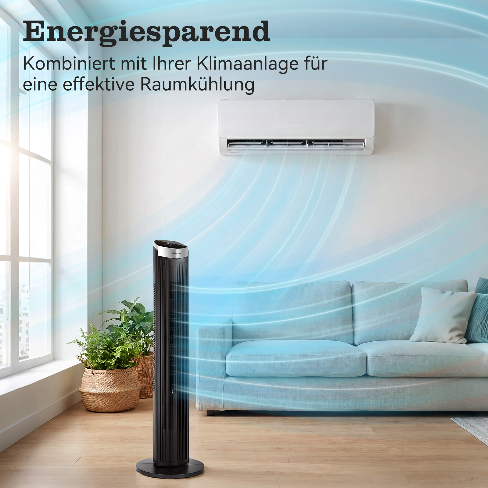 Ein schwarzer Turmventilator steht vor einem Sofa und einem Fenster. Klimaanlage.