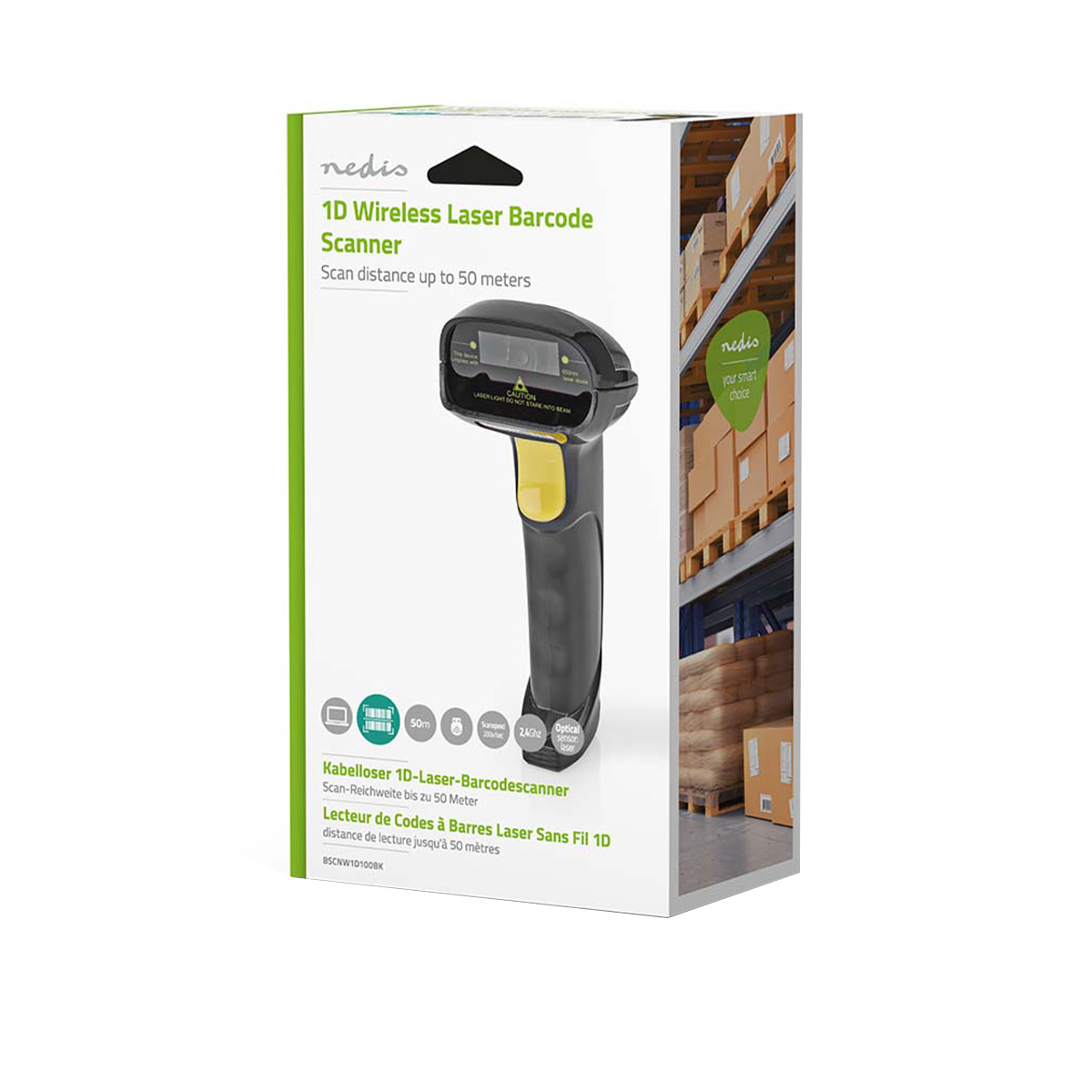 Verpackung eines schwarzen und gelben Nedis 1D Barcode-Scanners mit Aufdruck.
