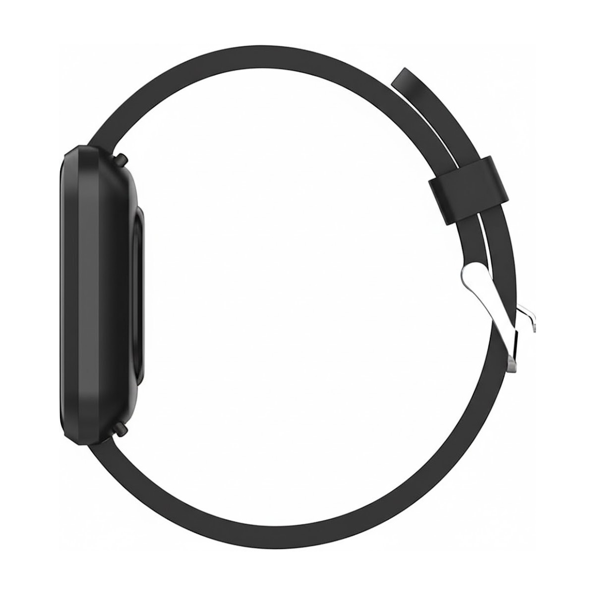 Black rectangular smartwatch face with a black band and metal buckle.