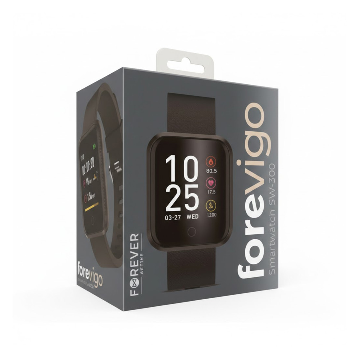 Packaging of a black smartwatch with white text and an image of the watch.