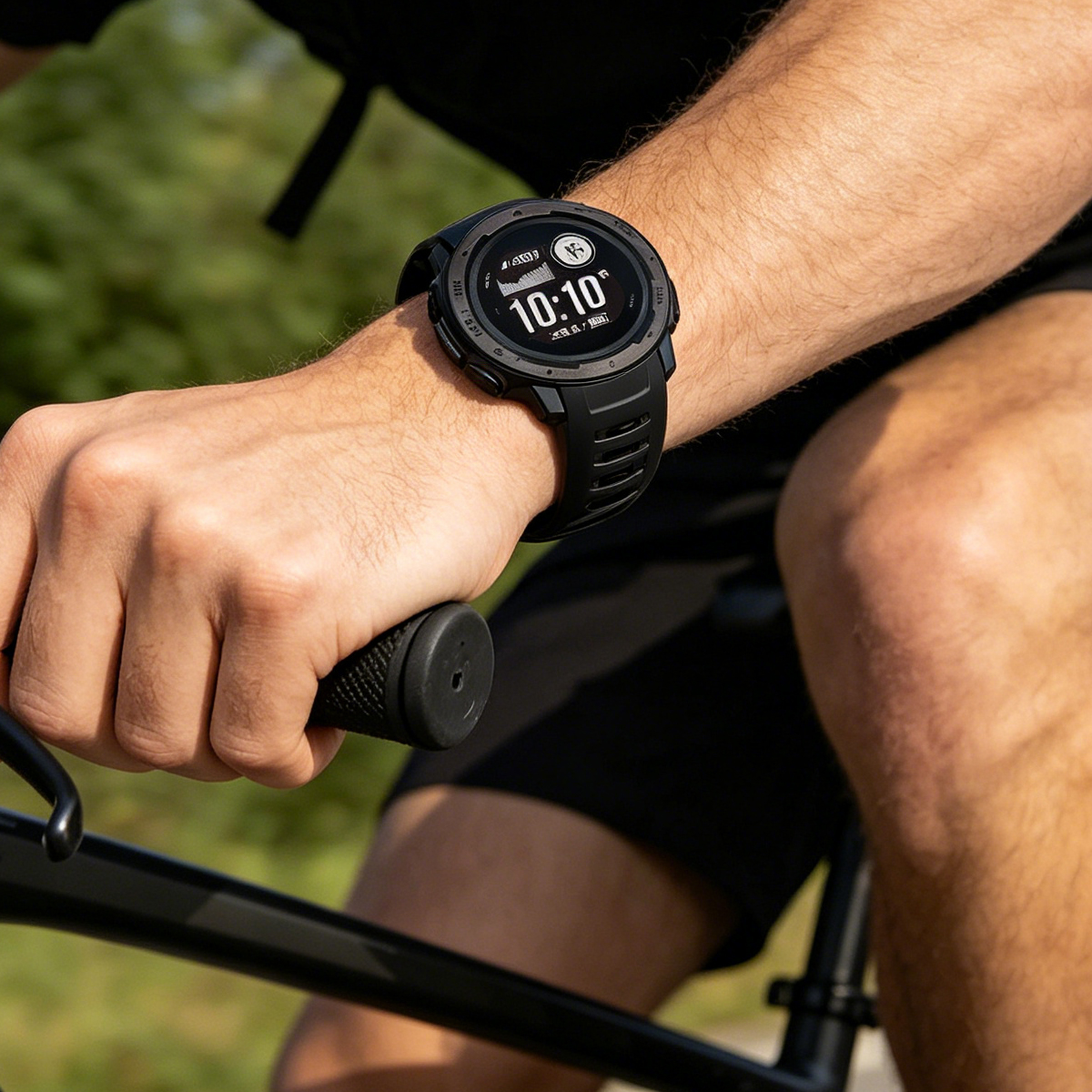 Zbliżenie na nadgarstek osoby noszącej czarny smartwatch podczas jazdy na rowerze.