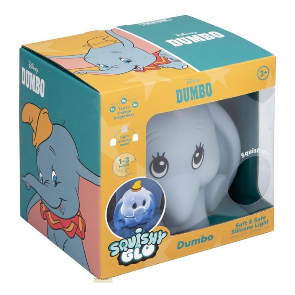Opakowanie silikonowej lampki nocnej Dumbo, z grafikami i szczegółami produktu.