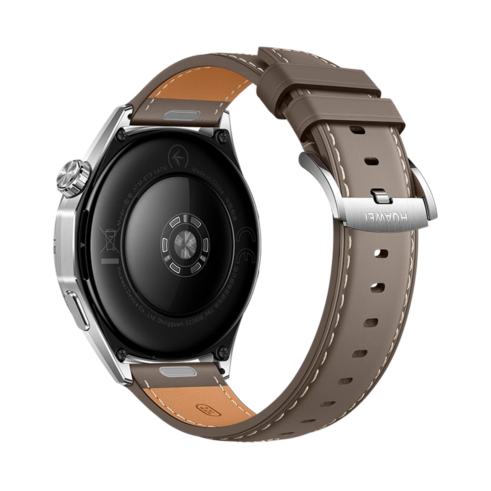 Achterkant van een grijze smartwatch met bruine leren band en zilveren gesp.