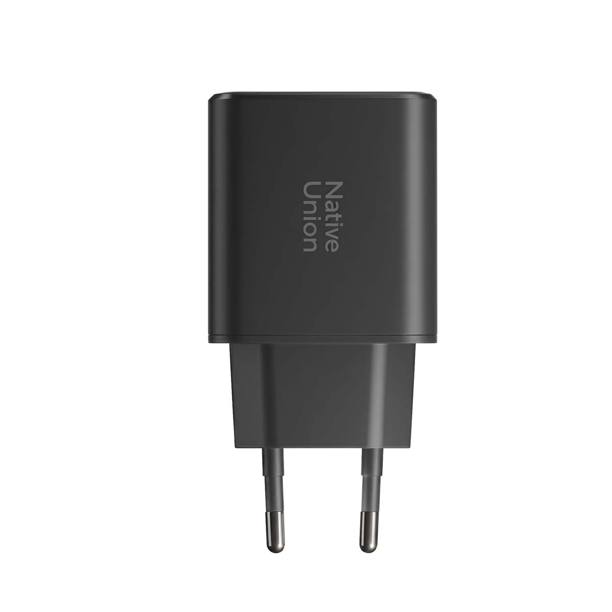Adattatore di corrente nero Native Union con due pin piatti, orientato verticalmente.