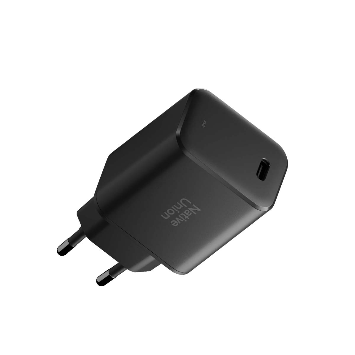 Caricatore nero con due poli e porta USB-C. Logo Native Union.