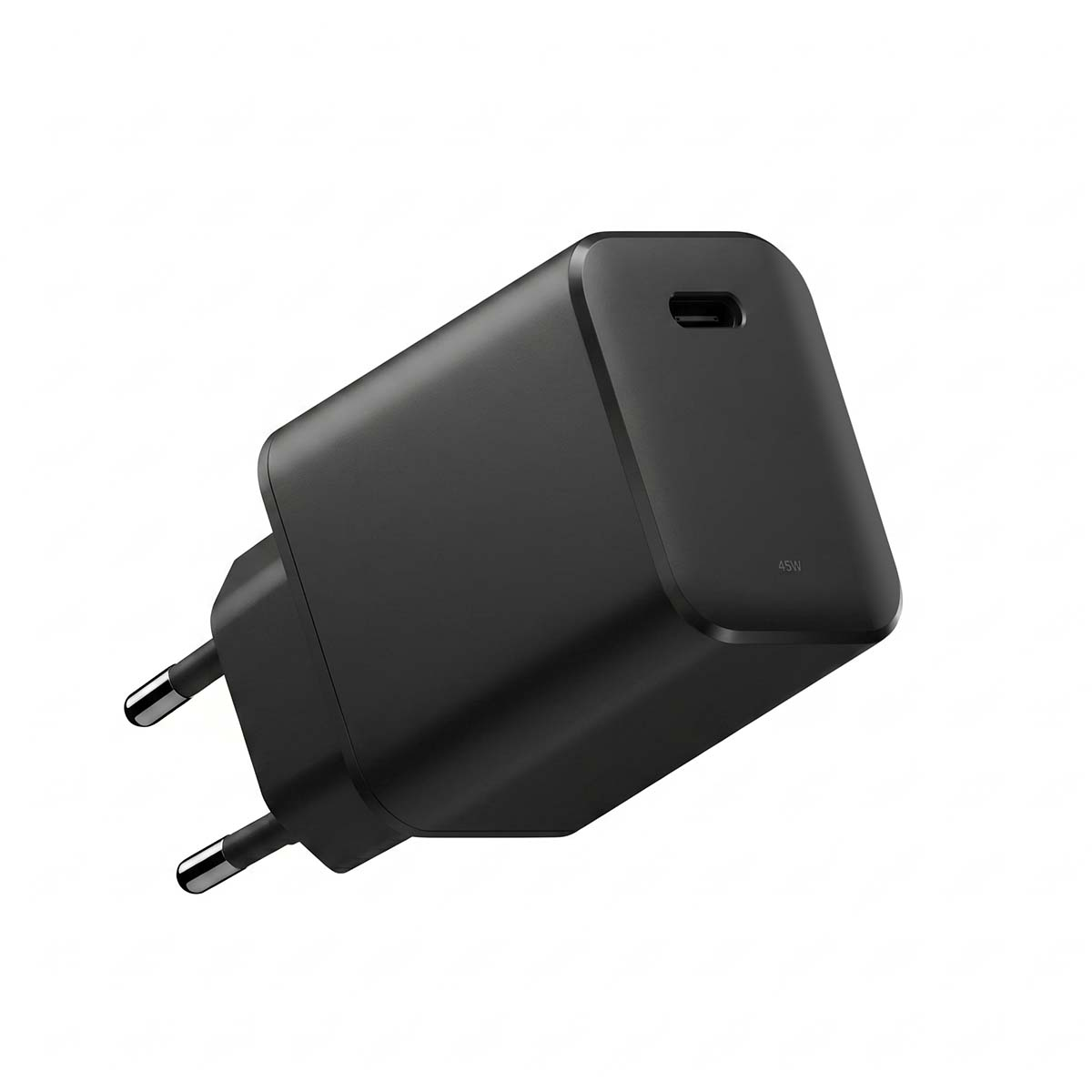 Caricatore USB-C nero da 45W con due pin per prese a muro.