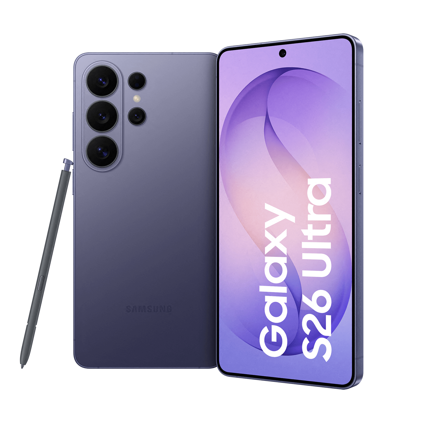 Ein lila Samsung Galaxy S26 Ultra Smartphone mit Stift, schwarzer Hintergrund.