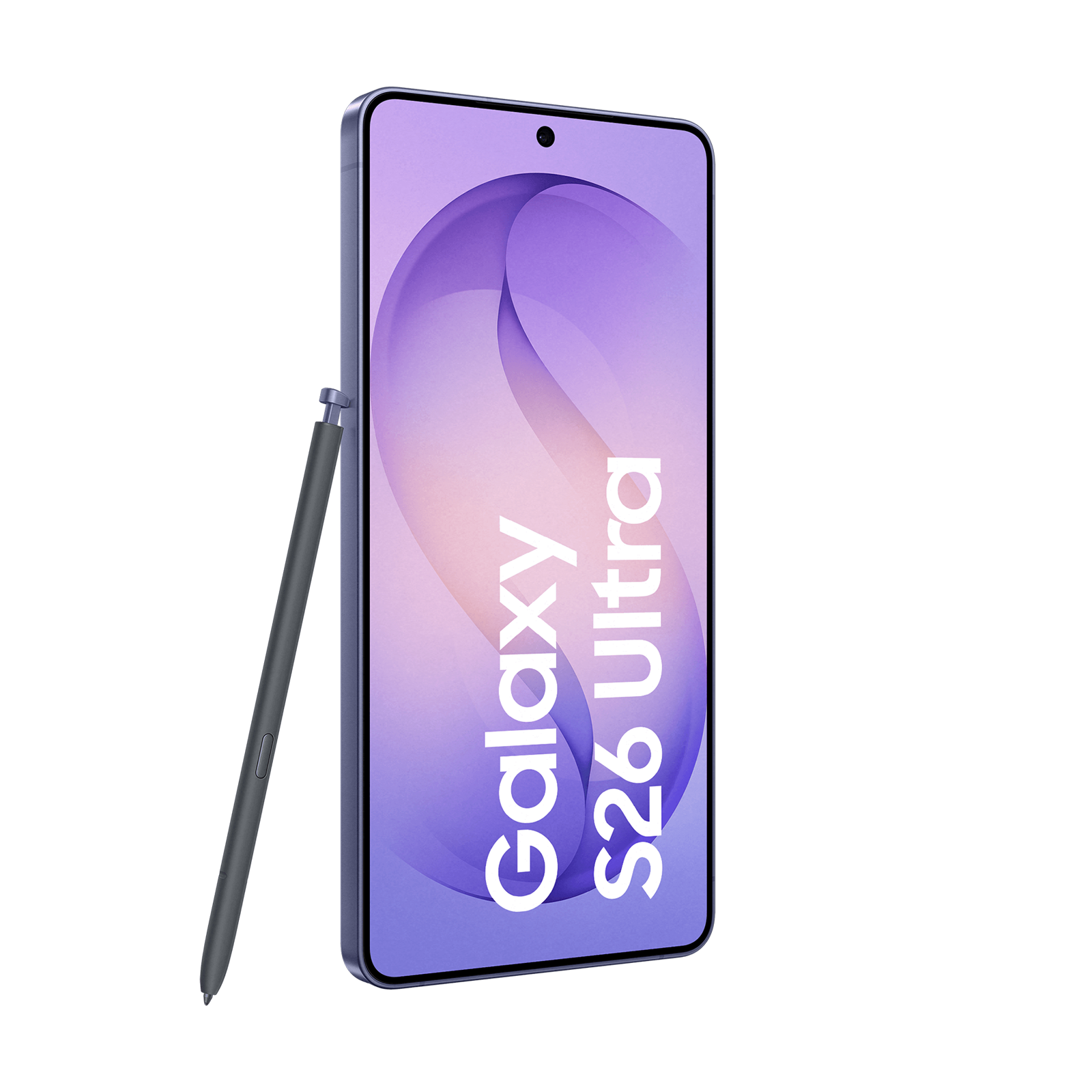 Szary rysik leży obok fioletowego smartfona z napisem „Galaxy S26 Ultra”.