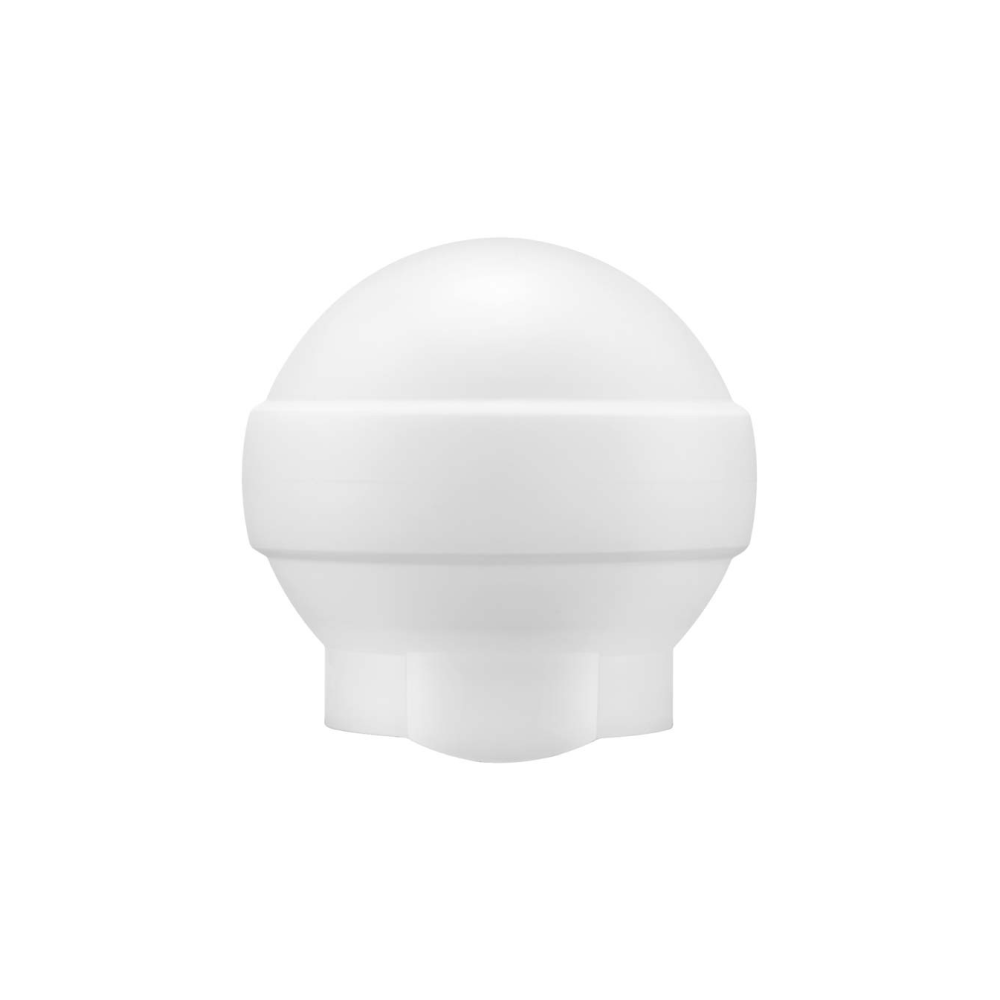 Een witte, bolvormige dop met twee ringen en een stervormige basis.