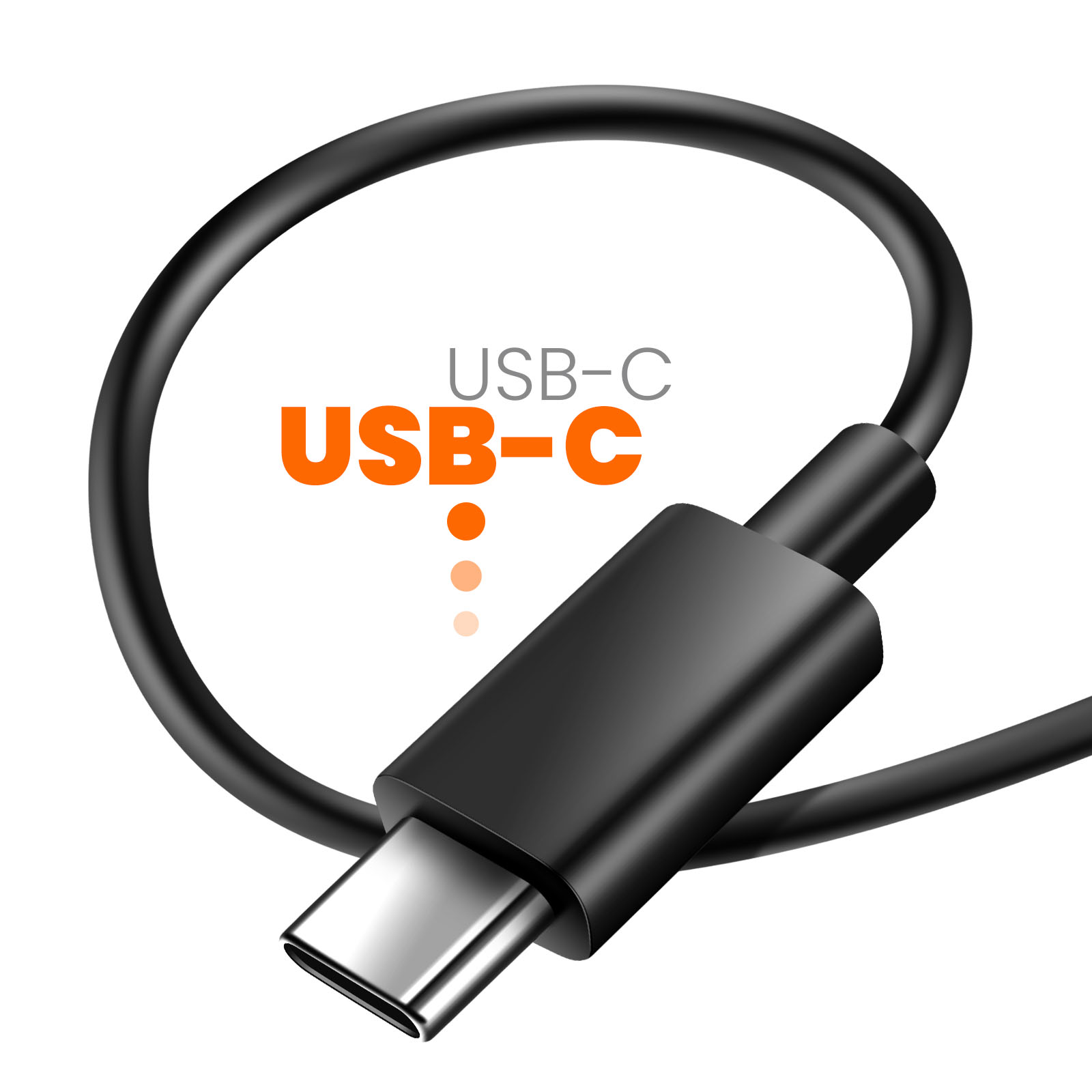 Een zwarte USB-C kabel met zilveren connector op witte achtergrond.